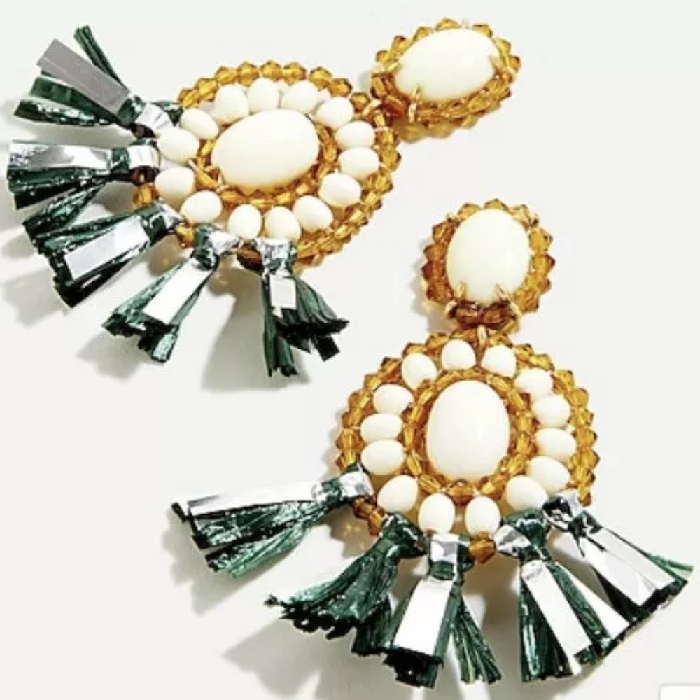 New! J Crew Raffia Stone Drop Statement Earrings